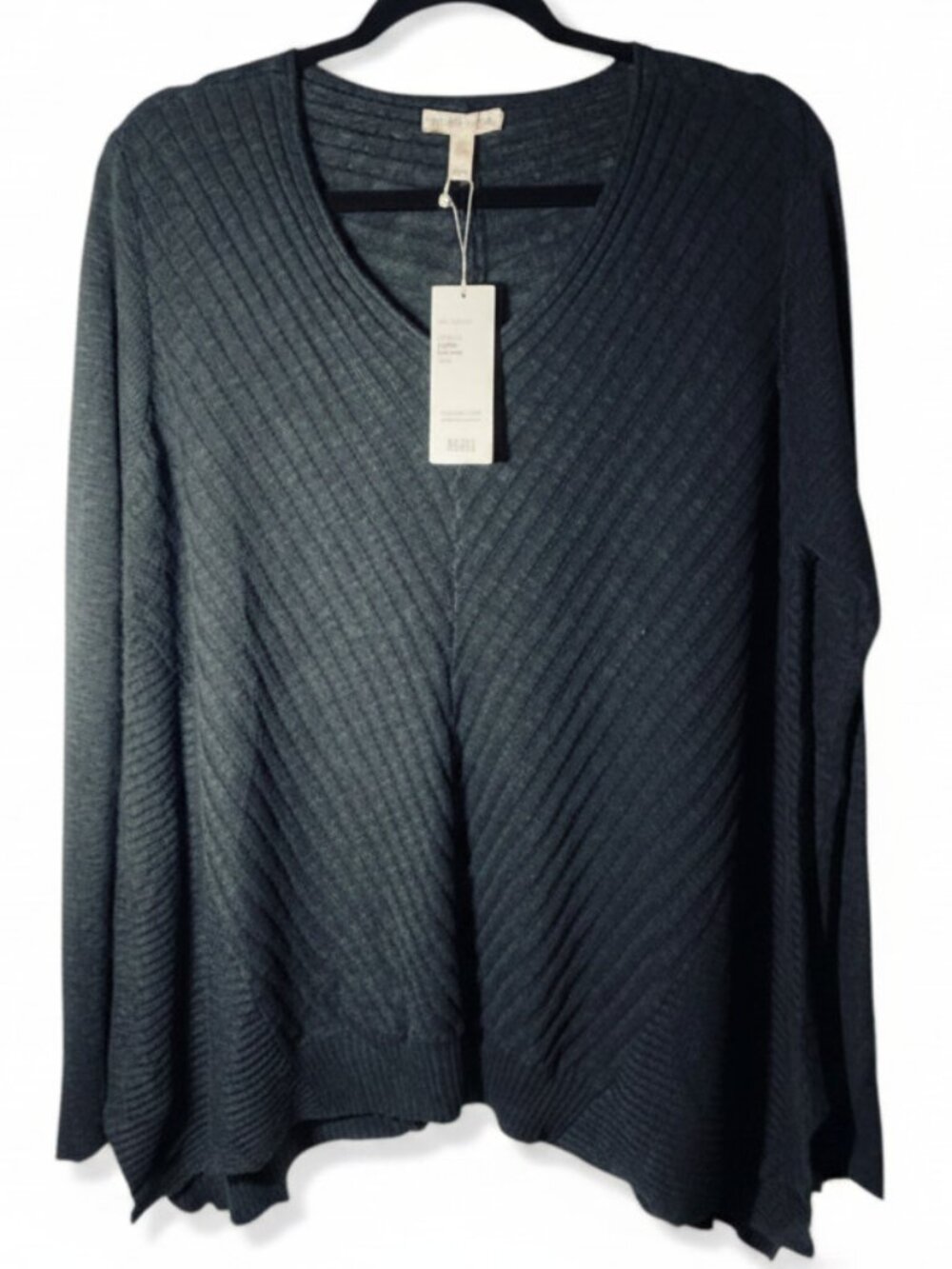 New Eileen Fisher Linen Blend Black Tunic Medium V-Neck Kerchief Hem Chevron NWT